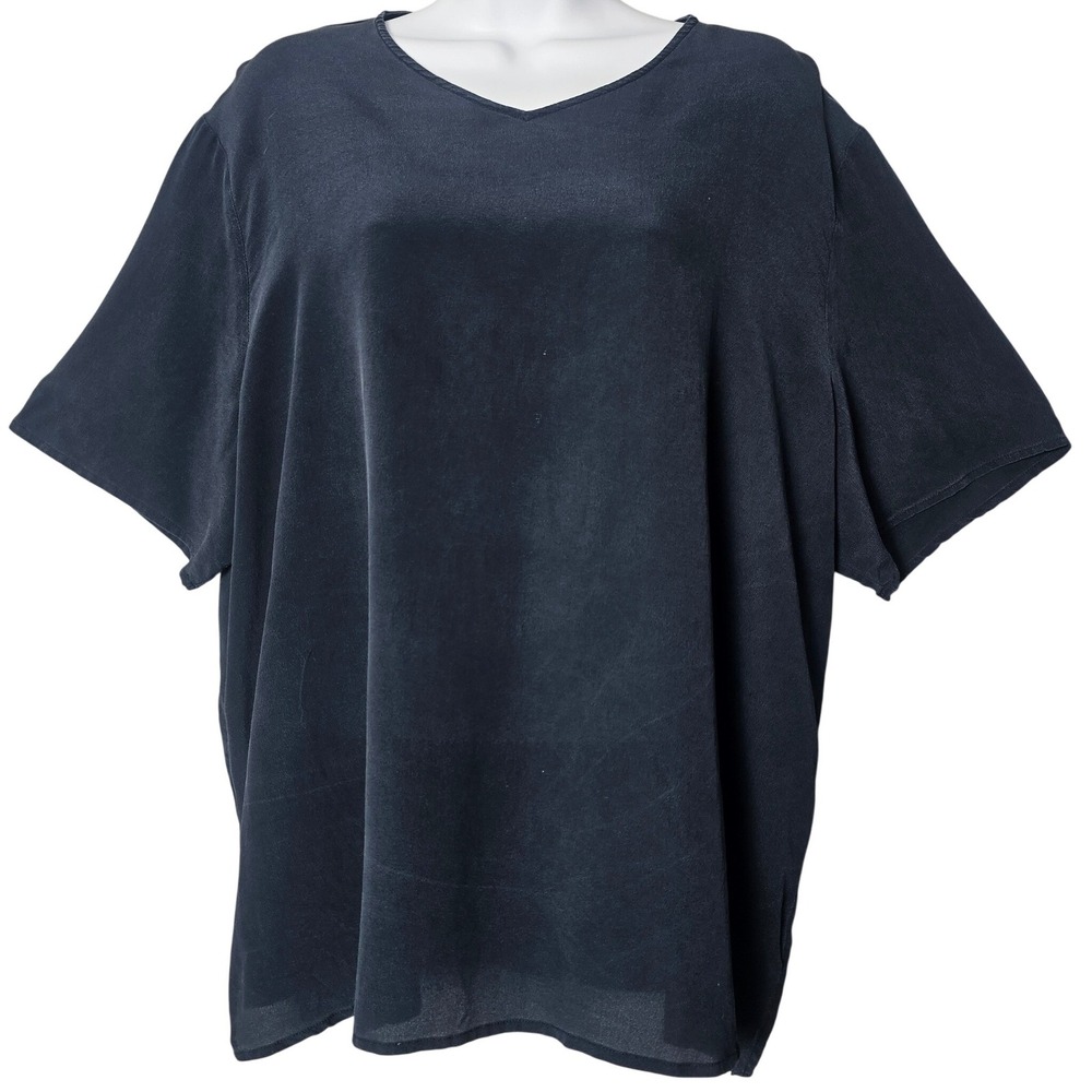 Diane Gilman Navy Blue 100% Silk Crepe V-Neck Blouse Plus Size 3X Office Career
